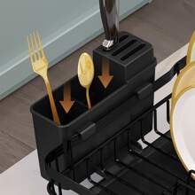 1pc Automatic Drain Bowl & Dish Drying Rack With Cutlery Box, Kitchen Organizer In Black