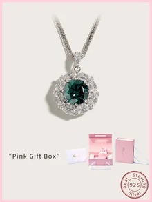 Cici Color 1入組銀S925鑲嵌3Ct圓形合成纖維綠色實驗室製造莫桑石吊墜,美麗,優雅,多用途,適用於日常,約會和旅行,合適的作為情侶禮品或者復古宮廷風格配件,帶禮物盒包裝,完美適合女士 - 銀色 - 查看 3