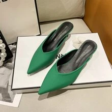 Women's Pointed Toe French Style Mules Sandals, 2024 Spring/Summer New Arrival, Thin Heels, Wearable Outside - Green - View 3