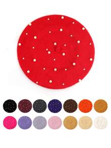 Elegant 1pc Red Beret With White Faux Pearl & Star Decor - Red - View 1