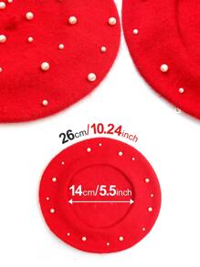 Elegant 1pc Red Beret With White Faux Pearl & Star Decor - Red - View 5