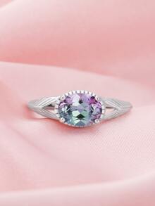 1入組藝術裝飾橢圓形變色仿紫翠玉戒指六月誕生石素色 925 純銀可調節戒指女士禮物 - 銀色 - 查看 5