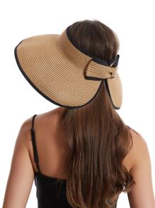 Sun Visor Hats For Women Wide Brim Straw Roll-Up Ponytail Summer Beach Hat UV UPF Packable Foldable Travel Boho Bow