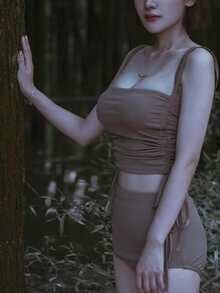 罗纹抽绳侧分体泳衣上衣和下装泳装夏季海滩