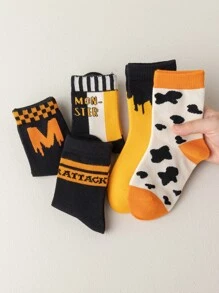 5雙/包,可愛的橘色袜子,帶有萬聖節圖案、字母、黑色、黃色、南瓜,適合男孩和女孩。這種中筒袜中性,有卡通怪物設計,適合派對、嘻哈街頭、休閒、運動、學院和冬季。
