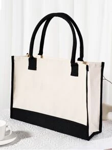 Bolso tote de hombro con estampado de letra de gran capacidad - Blanco y Negro - Ver 5