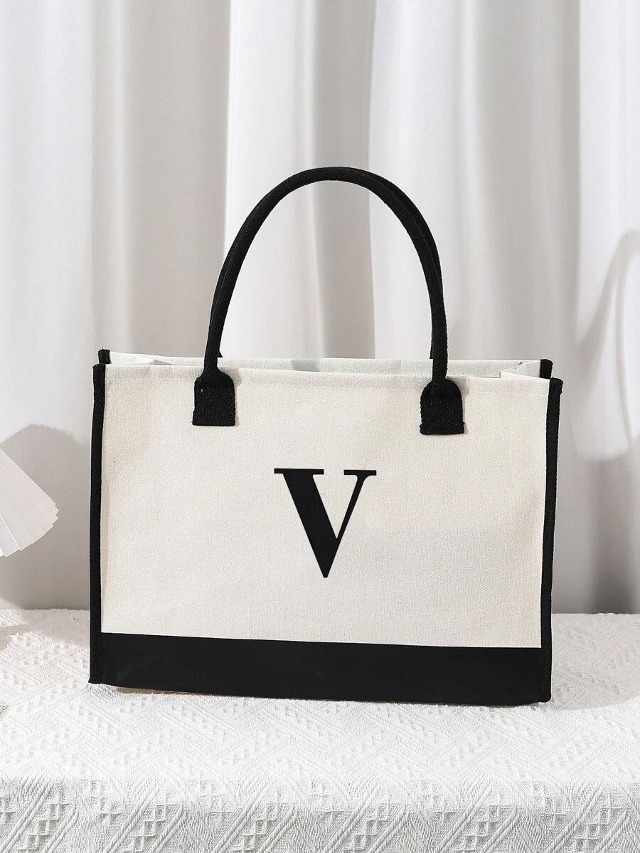 Bolso tote de hombro con estampado de letra de gran capacidad - Blanco y Negro - Ver 1