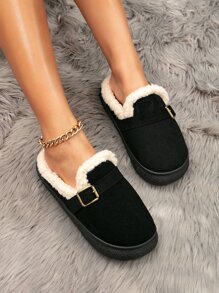 Sapatos De Pêlo De Inverno Femininos Para Ambiente Externo Com Forro Engrossado, Quente, Antiderrapante, Confortável, Chinelos Baixos De Fivela, Tamanho Pequeno, Recomendamos Pedir 1 Tamanho A Mais - Preto - Ver 3
