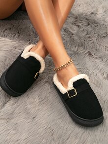 Sapatos De Pêlo De Inverno Femininos Para Ambiente Externo Com Forro Engrossado, Quente, Antiderrapante, Confortável, Chinelos Baixos De Fivela, Tamanho Pequeno, Recomendamos Pedir 1 Tamanho A Mais - Preto - Ver 4