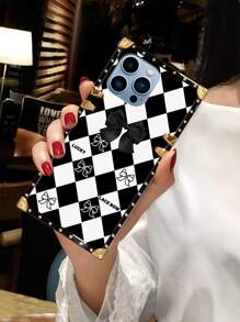 1pc Fashionable Checkered Rectangle Pattern Protective Phone Case Compatible With Apple 13 Pro Max - Black and White - View 1