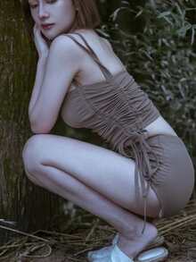 罗纹抽绳侧分体泳衣上衣和下装泳装夏季海滩