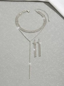 1條雙層鑲鑽y形項鍊 + 1對鑲鑽時尚晚會耳環