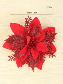 2pcs 5.5in Christmas Tree Decoration Flower Realistic Three-layer Gold Powder Christmas Flower Wreath Christmas Scene Decoration - Red - View 2