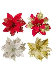 2pcs 5.5in Christmas Tree Decoration Flower Realistic Three-layer Gold Powder Christmas Flower Wreath Christmas Scene Decoration - Red - View 9