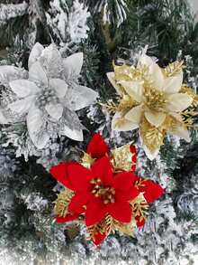 2pcs 5.5in Christmas Tree Decoration Flower Realistic Three-layer Gold Powder Christmas Flower Wreath Christmas Scene Decoration - Red - View 10