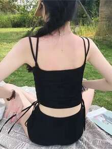 Retro Cami Top Korea High Waist Split Tankini Set Female Slim Sports Hot Spring Swimwear - Black - View 3