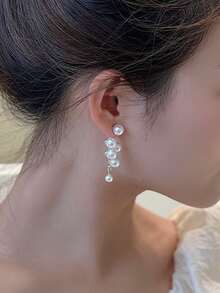 1 Par De Aretes Largos En Forma De Uva Con Perlas Elegantes Y Refinados Para Mujeres Dulces - Blanco - Ver 3
