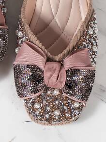 Women's Pearl & Rhinestone Decorated Bow Casual Flat Shoes, Simple Style Suitable For Spring & Summer - Pink - View 6