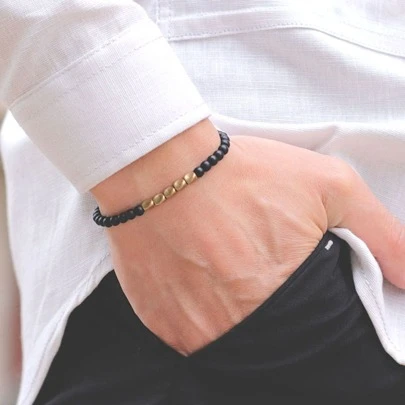 diffone 4mm Handmade Vintage Natural Stone Beaded Bracelet, Tiny Copper Beads With Tiger Eye & Hematite, Men Wrist Accessory