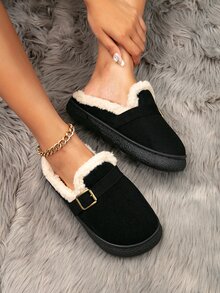Sapatos De Pêlo De Inverno Femininos Para Ambiente Externo Com Forro Engrossado, Quente, Antiderrapante, Confortável, Chinelos Baixos De Fivela, Tamanho Pequeno, Recomendamos Pedir 1 Tamanho A Mais - Preto - Ver 5