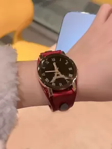 Vintage Eiffel Tower Design Round Dial Quartz Wristwatch With Roman Numerals, For Men And Women - Red - View 2