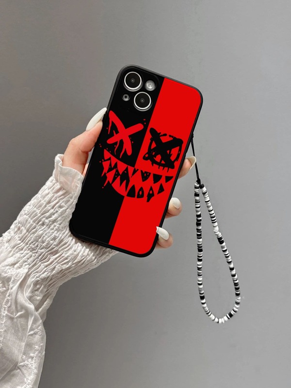 Black Rubber Phone Case Compatible With Iphone, With Red & Black Interlocking Smiling Face Design And Hang Rope