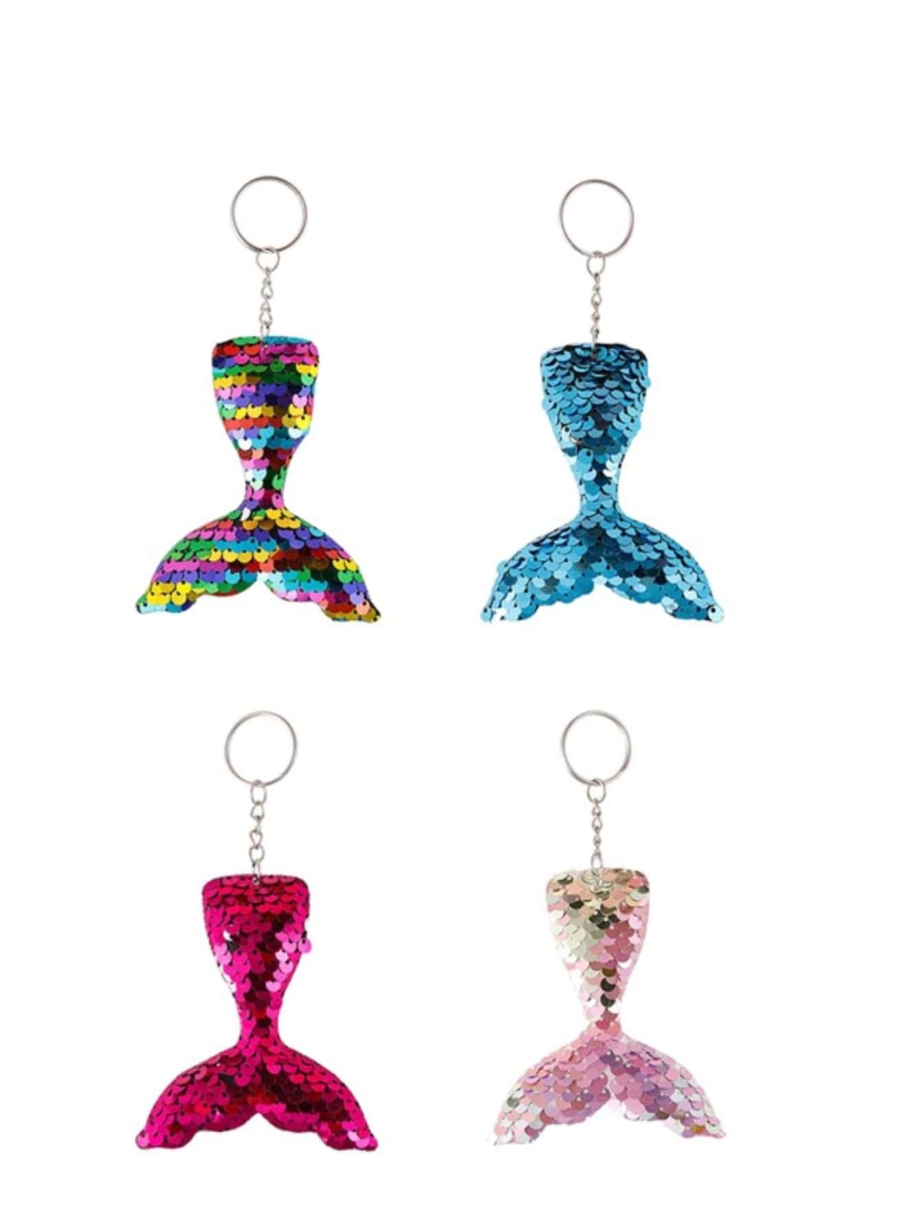 1set/4pcs Reflective Double-sided Glitter Mermaid Tail Shaped Keychain For Bags - Multicolor - View 1