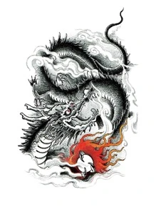 龍紋防水暫時性刺青貼紙,龍珠和雲朵設計逼真,兇猛男子手臂一次性使用紋身貼紙 - 黑色 - 查看 6