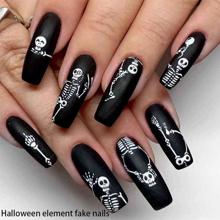 Halloween 24pcs Long Coffin Shape False Nail Tips With Black Skull & Skeleton Pattern Element Including 1 Jelly Gel And 1 Nail File - Black and White - View 1