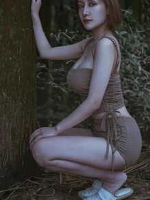 罗纹抽绳侧分体泳衣上衣和下装泳装夏季海滩