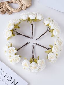 1捆（6头）/3捆（18头）仿真花束MINI玫瑰茶花蕾字母DIY花环材料糖果盒配件家居婚庆装饰新娘手腕花胸花头花材料情人节礼物新年装饰生日派对蛋糕配件 - 白色 - 查看 2