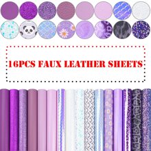16 Pieces 8*6 Inch/21*15 CM New Contrast Colors White Purple Light Purple Series Faux Leather Fabric Sheets Include Litchi Daisy Fine Chunky Glitter Butterfly Panda Leopard for Leather Earring Bows Making