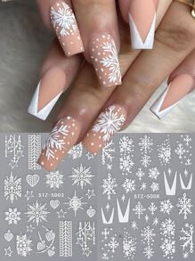 2入組冬季5D亞克力指甲貼紙，白色雪花心形星形滑片指甲藝術聖誕節設計5D浮雕指甲裝飾法國貼紙指甲配件修甲技巧朋友禮物自製 - 白色 - 查看 1