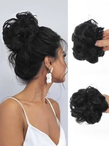 爪夹发髻发片凌乱发髻发片女士波浪卷发发圈爪夹发髻合成黑色发髻 - 黑色 - 查看 1