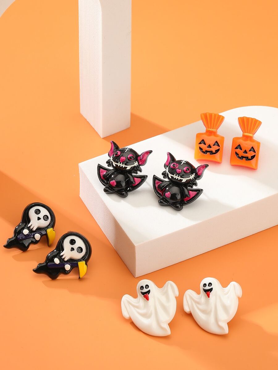4對/組流行哥德風格樹脂頭骨、鬼、精靈、南瓜吊墜耳環,適用於女性萬聖節派對禮物
