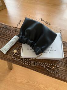 素色極簡風格單肩包帶鏈子帶和百褶設計適用於斜挎包 - 黑色 - 查看 4