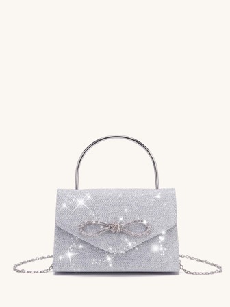 Glittering Evening Bag With Rhinestone & Bow Decor, Detachable Chain Strap Shoulder Bag, Elegant Solid Color Party Clutch