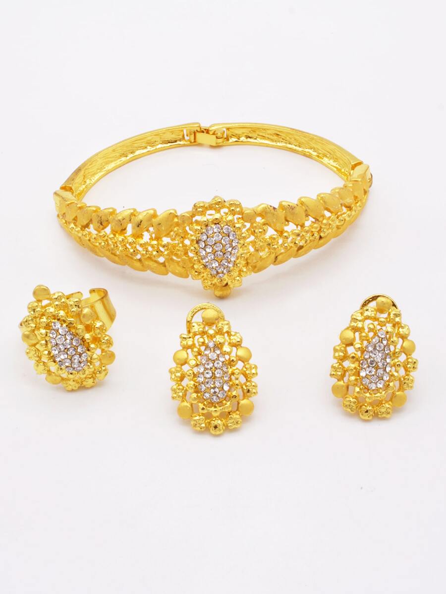 迪拜镀金首饰套装婚礼新娘女士配饰项链手链耳环戒指首饰套装 - 金色 - 查看 1