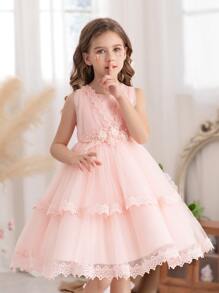 Vestido de tul elegante y de princesa con flores 3D rosa para niña pequeña, adecuado para cumpleaños, fiestas, bodas, niña de las flores, recitales de piano y celebraciones festivas - Rosa - Ver 3