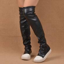 女士黑色時尚優雅圓頭厚底過膝彈性靴 - 黑色 - 查看 4