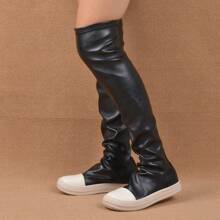 女士黑色時尚優雅圓頭厚底過膝彈性靴 - 黑色 - 查看 2