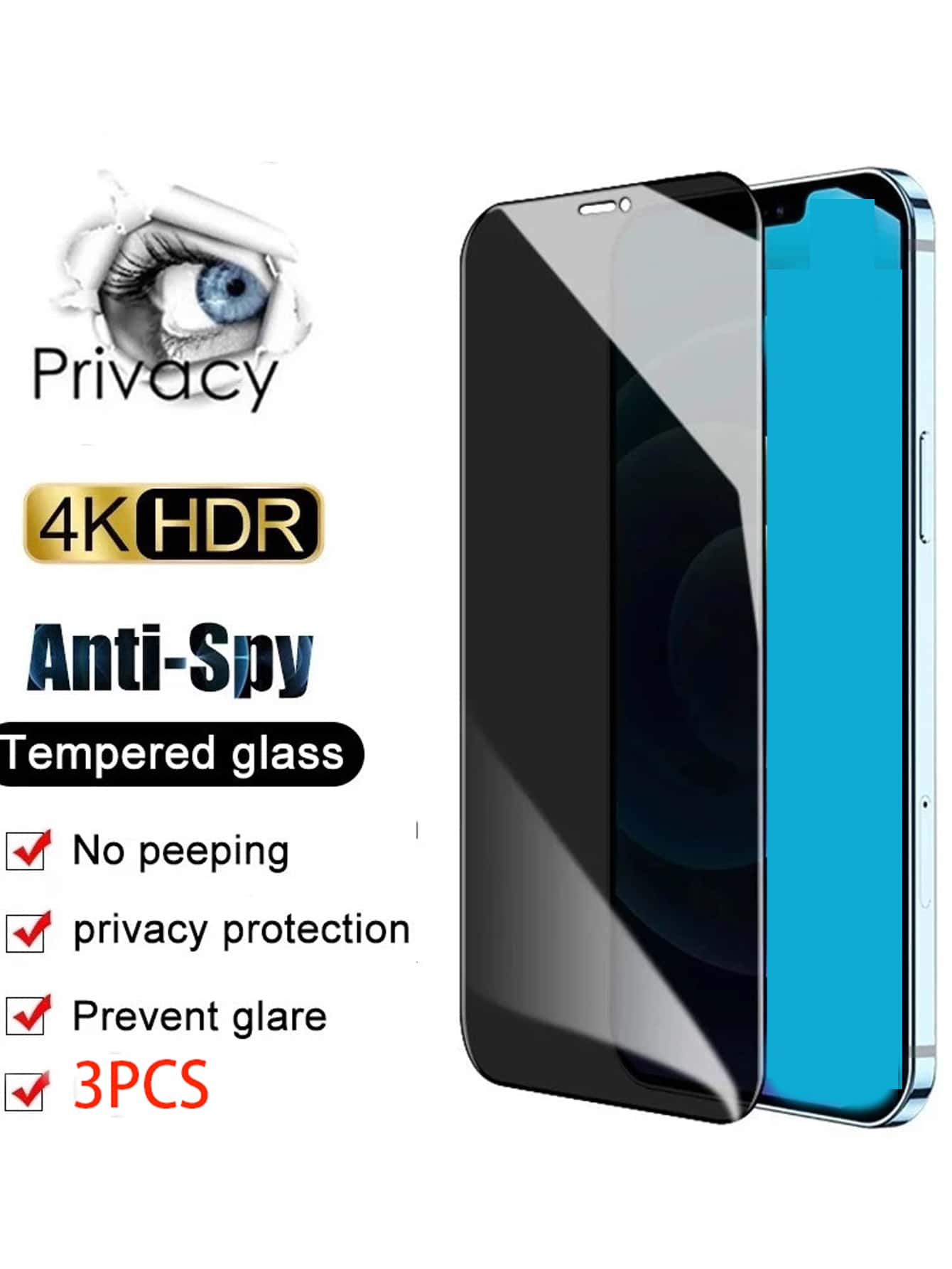 3入組黑色隱私防窺鋼化玻璃螢幕保護貼,適用於iphone 6g 6s 6sp 6p 7g 7plus 8g 8p X Xs Xr Xsmax 11 12 13 14 Pro Max 14plus,具有防塵、防震、防水功能,並附有硬紙盒包裝 - 黑色 - 查看 1