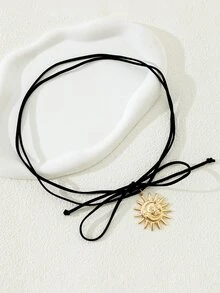 1pc Women's Sunflower Pendant Suede Wrapped Necklace - Gold - View 2