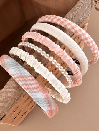 6 st/set moderiktiga enkla tygpärlprydda pannband för kvinnor, rosa accessoarer, hårband, hårbåge