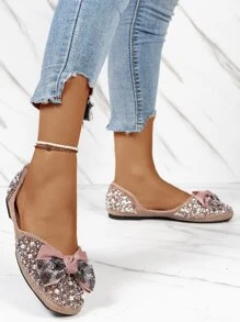 Women's Pearl & Rhinestone Decorated Bow Casual Flat Shoes, Simple Style Suitable For Spring & Summer - Pink - View 4