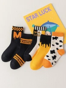 5雙/包,可愛的橘色袜子,帶有萬聖節圖案、字母、黑色、黃色、南瓜,適合男孩和女孩。這種中筒袜中性,有卡通怪物設計,適合派對、嘻哈街頭、休閒、運動、學院和冬季。