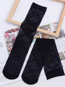 1pair Women's Ins Style Thin Mesh Geometric Patterned Knee High Socks For Summer - Black - View 6