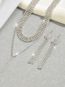 1條雙層鑲鑽y形項鍊 + 1對鑲鑽時尚晚會耳環