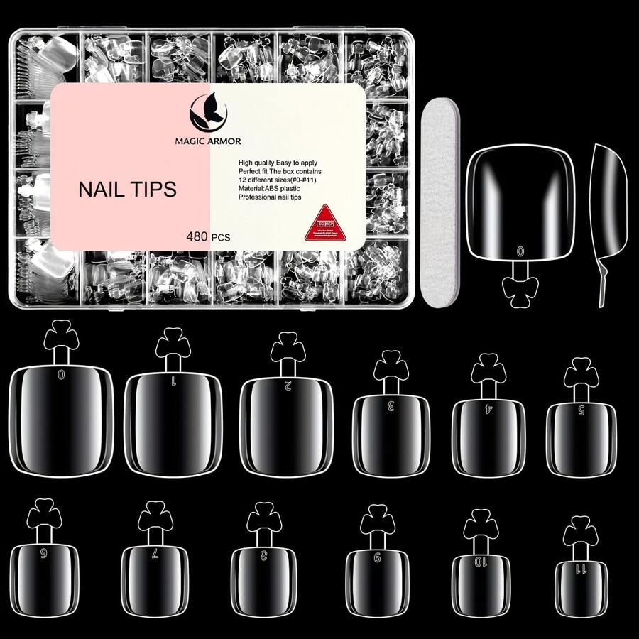 480片套軟膠、亞克力無色透明12 Size假趾甲，附指甲文件，適用於初學者和專業沙龍趾甲美容設計續增甲人工甲用品 - 無色 - 查看 1