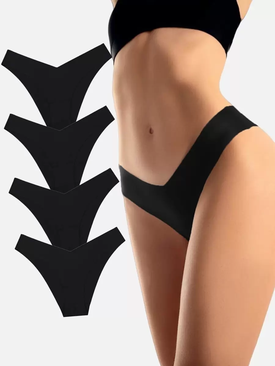 4 piezas Conjunto de bragas sin costuras e invisibles con forma de V para mujeres, de talle bajo - Negro - Ver 1